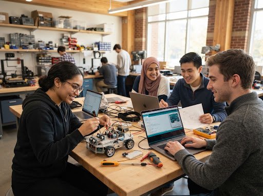 Students engaged in hands-on STEM skills learning, robotics kit and coding