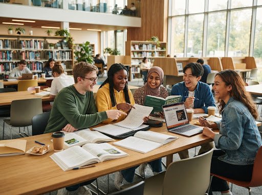Students collaborating around study table in school library