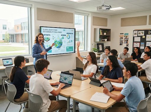 Smart classroom with interactive digital touchscreen smartboard lecture