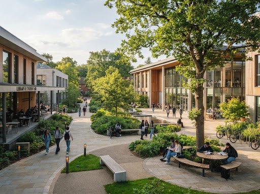 Safe and welcoming modern school campus courtyard with lush trees