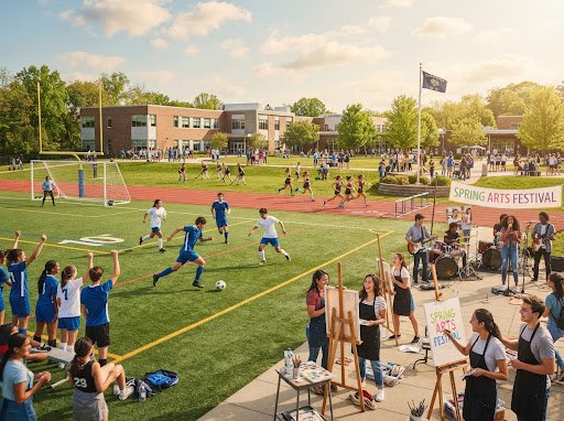 Student extracurricular activities with sports on school field and arts