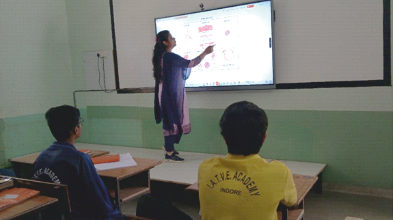 Smart classroom with interactive digital touchscreen smartboard lecture